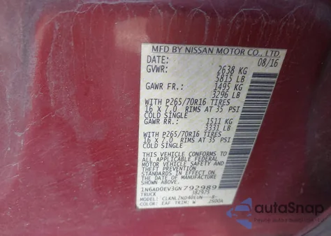 2016 Nissan Frontier Sv from USA, damaged, VIN 1N6AD0EV3GN792989